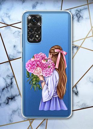 Прозрачный чехол на xiaomi redmi note 11 :: девушка с пионами (принт 11)