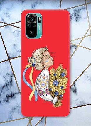 Матовый чехол с красными боками на xiaomi redmi note 10/note 10s :: украинка с колосками (принт 173)