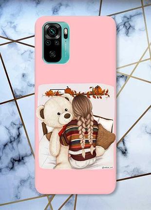 Матовый чехол с розовыми боками на xiaomi redmi note 10/note 10s :: девочка с мишкой (принт 117)