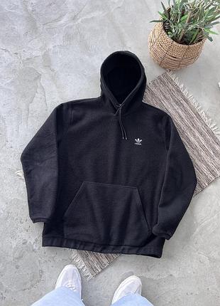 Вінтажне чорне флісове тедді худі adidas з маленьким вишитим логотипом плюшева кофта з капюшоном