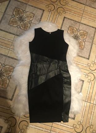 Стильное нарядное платье футляр с кожаными вставками3 фото