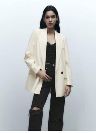 Базовый пиджак zara (блейзер) - оверсайз модель, светло-бежевый, размер л,м