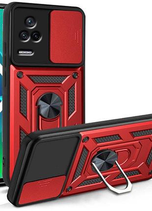Ударостойкий чехол camshield serge ring для xiaomi poco f4 червоний, tpu+pc, шторка на камеру