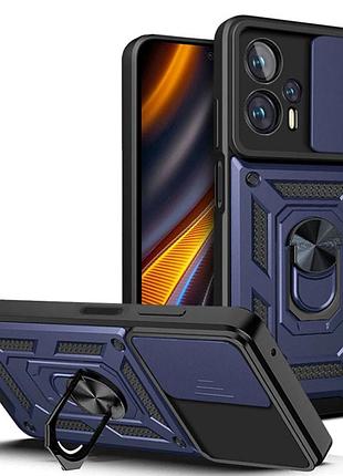 Ударостойкий чехол camshield serge ring для xiaomi poco x4 gt синий, tpu+pc, шторка на камеру