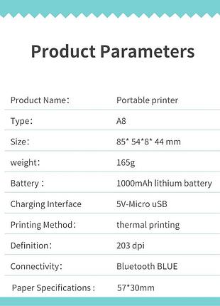 Детский термопринтер a8 cat printer blue, bluetooth, зу type-c 2