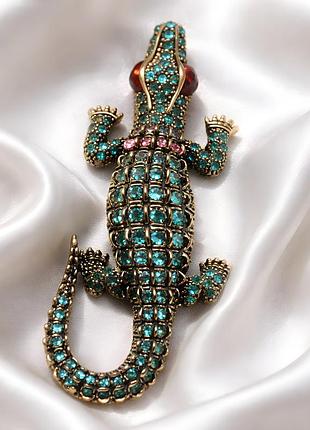 Брошка крокодил з кристалами 🐊 statement прикраса бірюзова