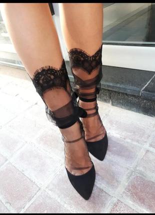 Трендовые носки тюлевые фатиновые с итальянским кружевом черные