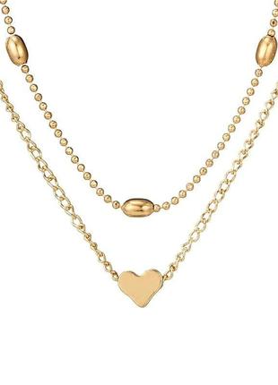Двойное ожерелье цепочка с подвеской сердце, многослойное колье чокер сердечко золото4 фото