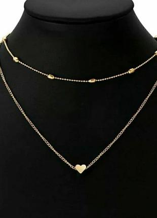 Двойное ожерелье цепочка с подвеской сердце, многослойное колье чокер сердечко золото8 фото