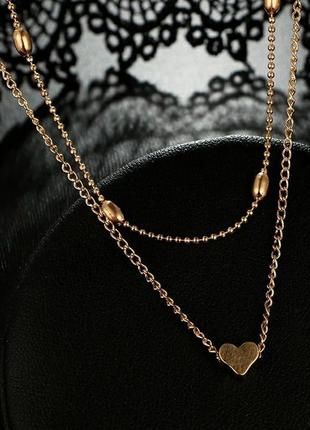 Двойное ожерелье цепочка с подвеской сердце, многослойное колье чокер сердечко золото7 фото