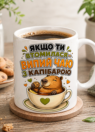 🍵 чашка 330 мл «якщо ти втомилася — випий чаю з капібарою» | мила та затишна чашка для гарного настрою 🍵