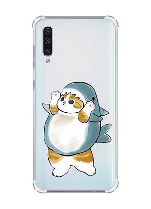 Чехол с утолщёнными углами на samsung galaxy a50 (2019) a505 :: котенок акула (принт 379)