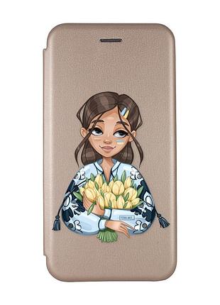 Чехол-книжка с рисунком для samsung galaxy a24 золотой :: девушка с тюльпанами (принт 22)