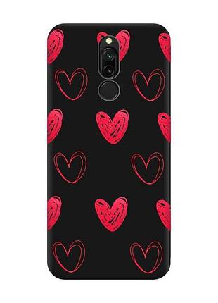 Матовый чехол с черными боками на xiaomi redmi 8 сердечка красные (принт 77)