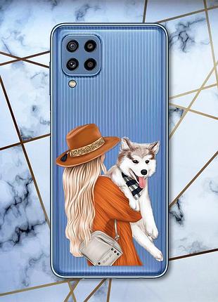 Прозрачный чехол на samsung galaxy m32 / m22 / a22 4g девушка с собачкой (принт 115)