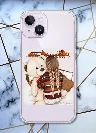 Прозорий чохол із захистом камери на iphone 14 дизайн дівчина з ведмедиком принт 117