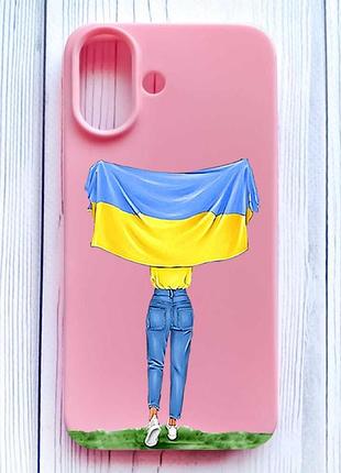Матовый розовый чехол на iphone 16 девушка с флагом (принт 263)