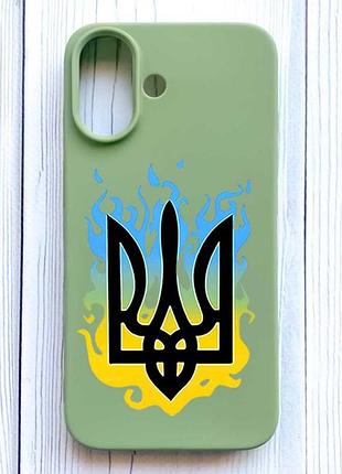 Матовый оливковый чехол на iphone 16 тризуб пламя (принт 257)