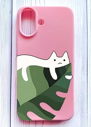 Матовый розовый чехол на iphone 16 кот на листе (принт 367)