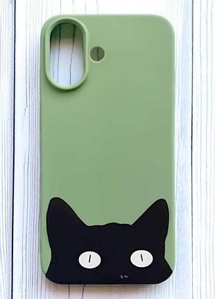 Матовий оливковий чохол на iphone 16 котик (принт 119)