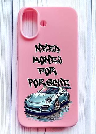 Матовый розовый чехол на iphone 16 хочу порше (принт 385)