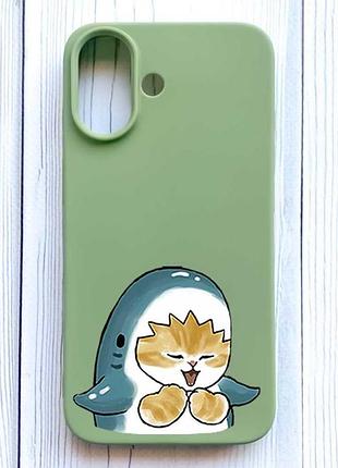 Матовый оливковый чехол на iphone 16 котенок акула (принт 376)
