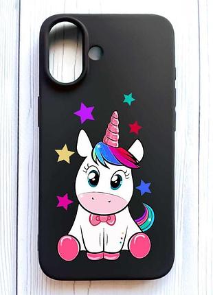 Матовый черный чехол на iphone 16 единорог (принт 102)