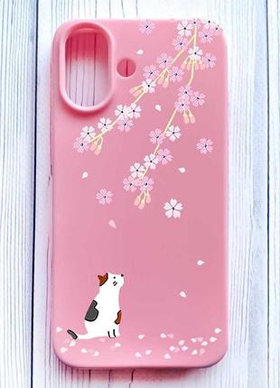 Матовий рожевий чохол на iphone 16 котик і сакура (принт 283)