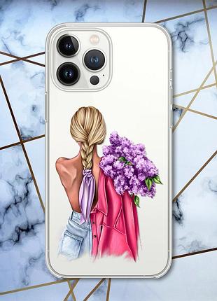 Прозрачный чехол с защитой камеры на iphone 14 pro :: девушка с сиренью (принт 7)