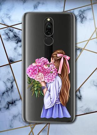 Прозрачный чехол для xiaomi redmi 8 :: девушка с пионами (принт 11)