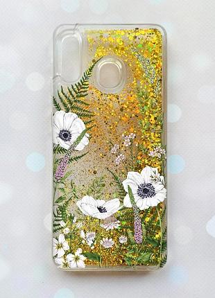 Чохол з плаваючими блискітками на samsung galaxy a30(2019) a305/a20 золотий :: квіти польові (принт 363)