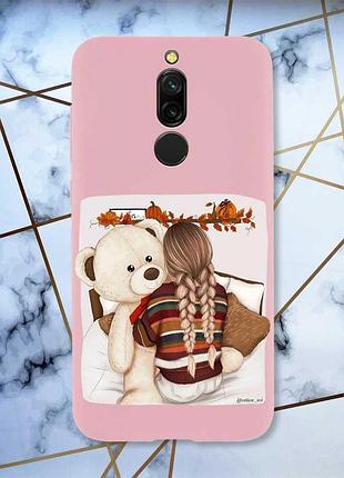 Матовый чехол с розовыми боками на xiaomi redmi 8 :: девочка с мишкой (принт 117)