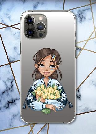 Прозрачный чехол на iphone 12 pro max :: девушка с тюльпанами (принт 22)