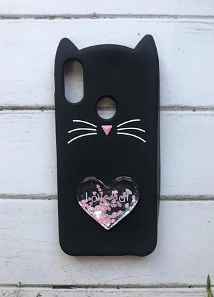 Силиконовый чехол 3d с переливающимися блестками для xiaomi redmi 7 кот чёрный