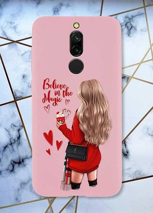 Матовый чехол с розовыми боками на xiaomi redmi 8 девушка с кофе (принт 137)
