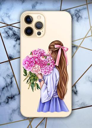 Прозрачный чехол для iphone 12 pro max :: девушка с пионами (принт 11)