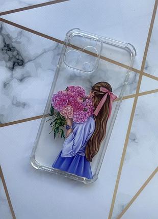 Чохол з потовщеними кутами для apple iphone 13 pro max з об'ємним друком "дівчина з півоніями" принт 11