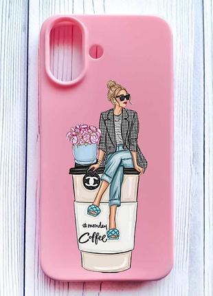 Матовий рожевий чохол на iphone 16 дівчина на каві (принт 228)