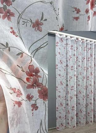 Тюль з батисту, колекція "flora". колір білий з червоно-коричневим