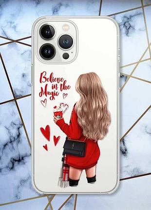 Прозрачный чехол с защитой камеры на iphone 14 pro девушка с кофе (принт 137)