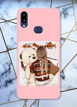 Матовый чехол с розовыми боками на samsung galaxy а10ѕ a107 :: девочка с мишкой (принт 117)