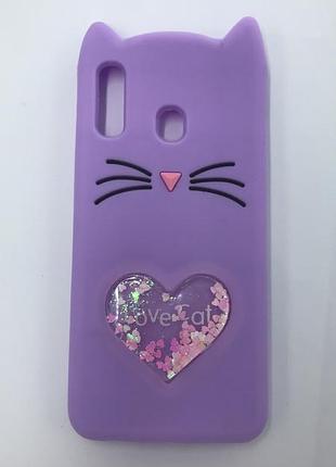 Чехол силиконовый 3d case с переливающимися блёстками для samsung galaxy а30 2019 / а20 2019 кот фиолетовый