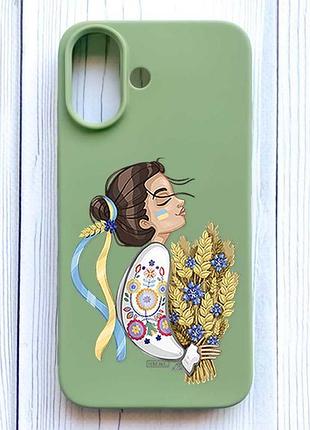 Матовий оливковий чохол на iphone 16 українка з колосками (принт 172)