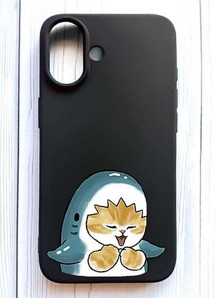Матовий чорний чохол на iphone 16 котик акула (принт 376)