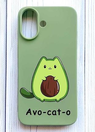 Матовый оливковый чехол на iphone 16 котик авокадо (принт 306)