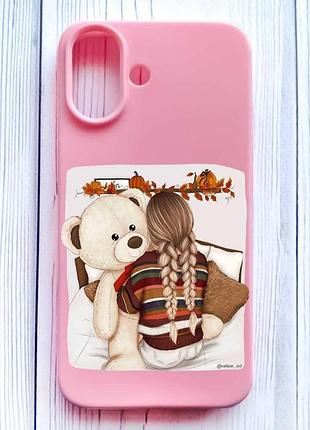 Матовый розовый чехол на iphone 16 девочка с мишкой (принт 117)