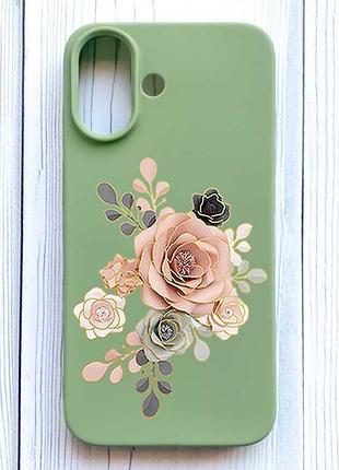 Матовий оливковий чохол на iphone 16 троянди (принт 275)
