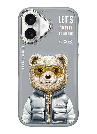 Чохол tpu+pc nimmy 3d with metal buttons для iphone 16 bear grey
