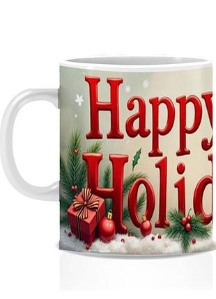 Керамическая новогодняя чашка happy holidays (новый год)
