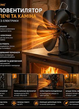 Тепловентилятор для печи jumoking - 6 лопастей, без электричества, тихий, с термометром, для камина